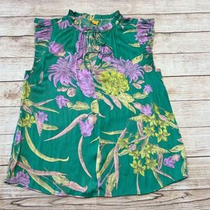 Green Floral Ruffle Neck Tie Front Sleeveless Blouse Top‎ Women's